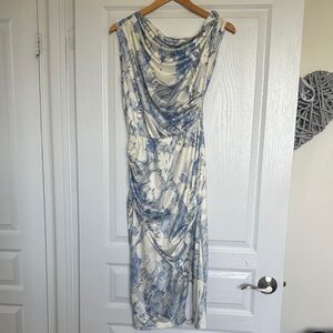 SHEIN Blue and White Sleeveless Cowl Neck Sheath Maxi Dress